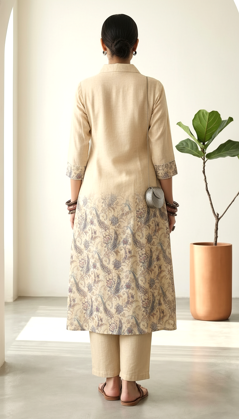 Beige Floral Embroidered Kurta Set with Shirt Collar