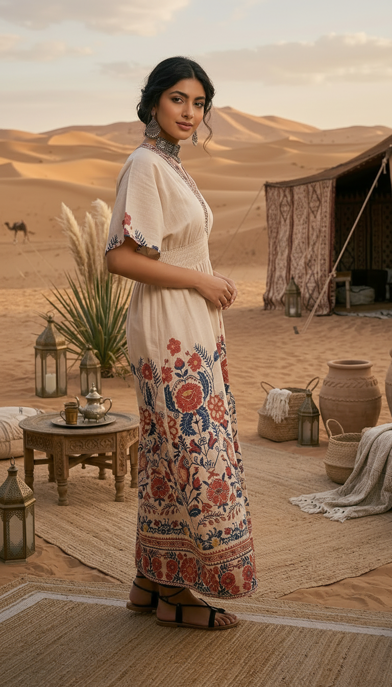 Beige Floral Boho Maxi Dress for Women | Ethnic Printed Summer Dress | Daylist