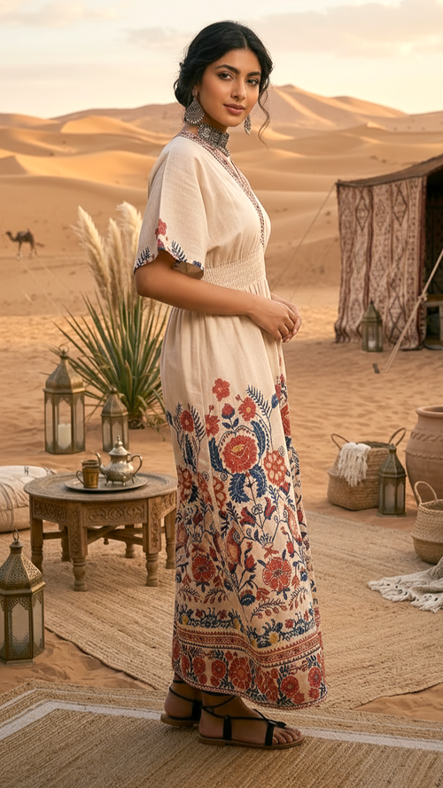 Beige Floral Boho Maxi Dress for Women | Ethnic Printed Summer Dress | Daylist