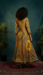 Mustard Yellow Printed Anarkali Dress for Women | Ethnic Flared Maxi Dress | Daylist