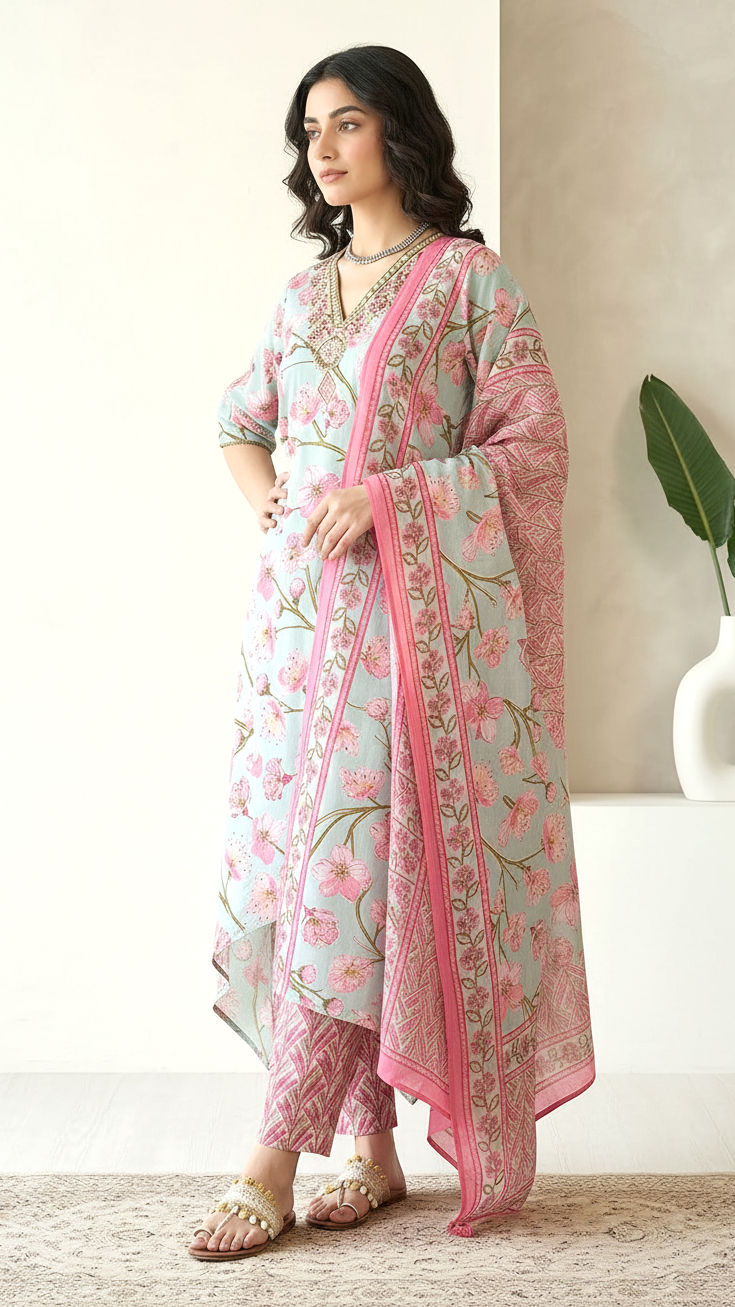 Pastel Floral Kurti Palazzo Set with Dupatta for Women | Elegant Ethnic Suit | Daylist