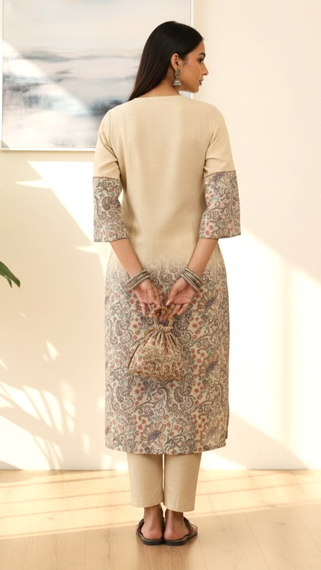 Beige Floral Printed Kurta Set with Tassel Detail & Potli Bag