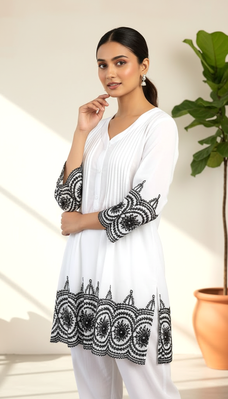 Daylist Monochrome Majesty Co-ord Set – White Pleated Tunic with Black Scalloped Embroidery