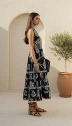 Daylist Monochrome Botanical Print Tiered Midi Dress – Sleeveless V-Neck Fusion Dress with Tassel Hem