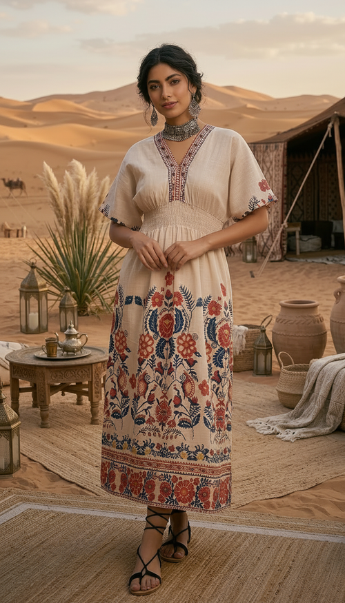 Beige Floral Boho Maxi Dress for Women | Ethnic Printed Summer Dress | Daylist