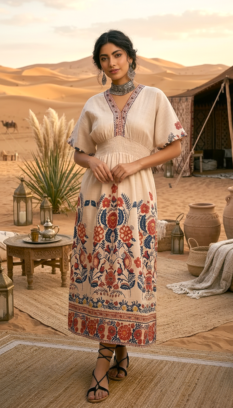 Beige Floral Boho Maxi Dress for Women | Ethnic Printed Summer Dress | Daylist
