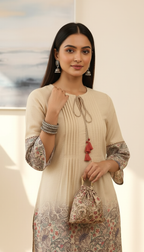 Beige Floral Printed Kurta Set with Tassel Detail & Potli Bag