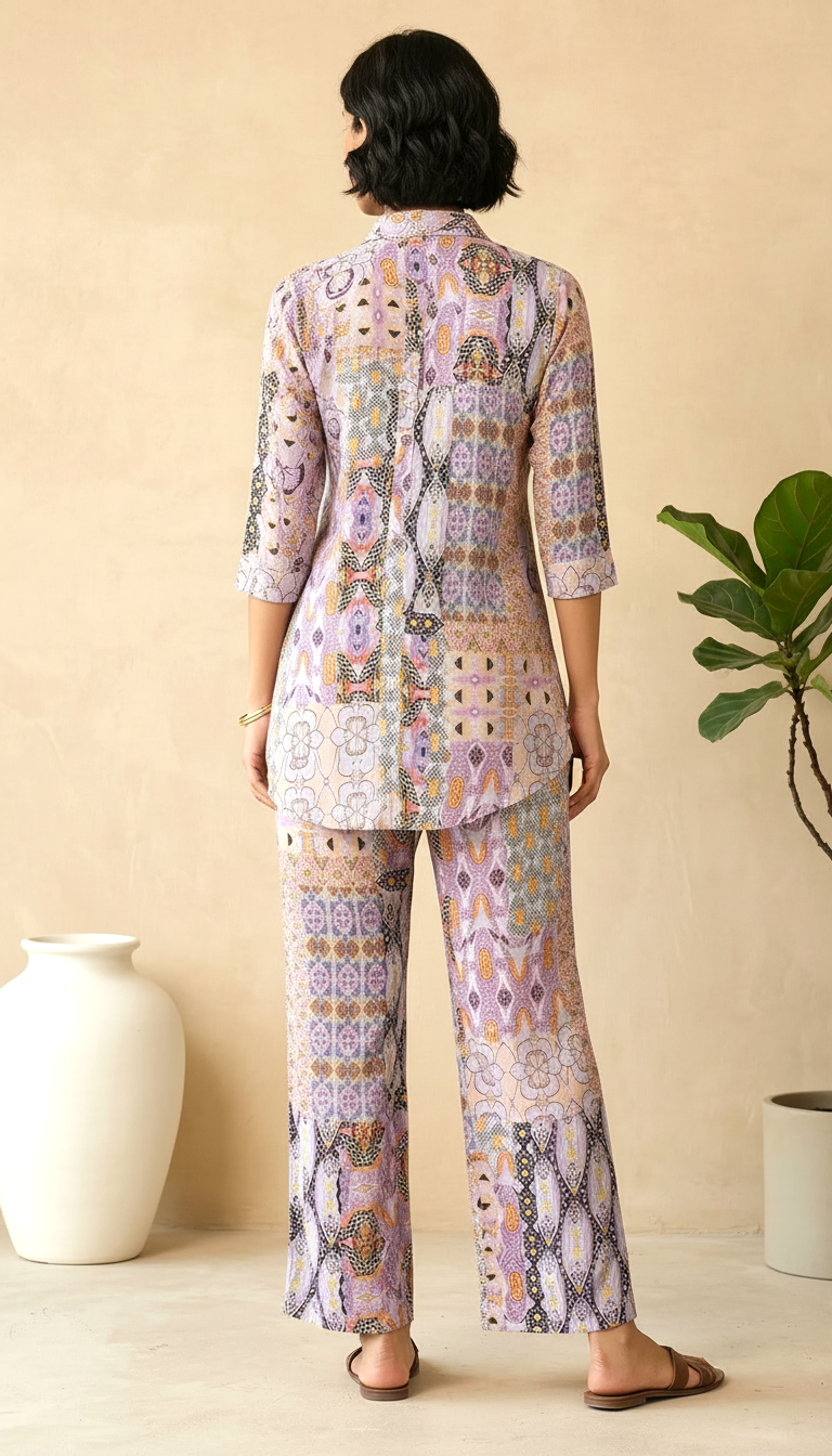 Lavender Mosaic Patchwork Printed Co-ord Set | Daylist.in