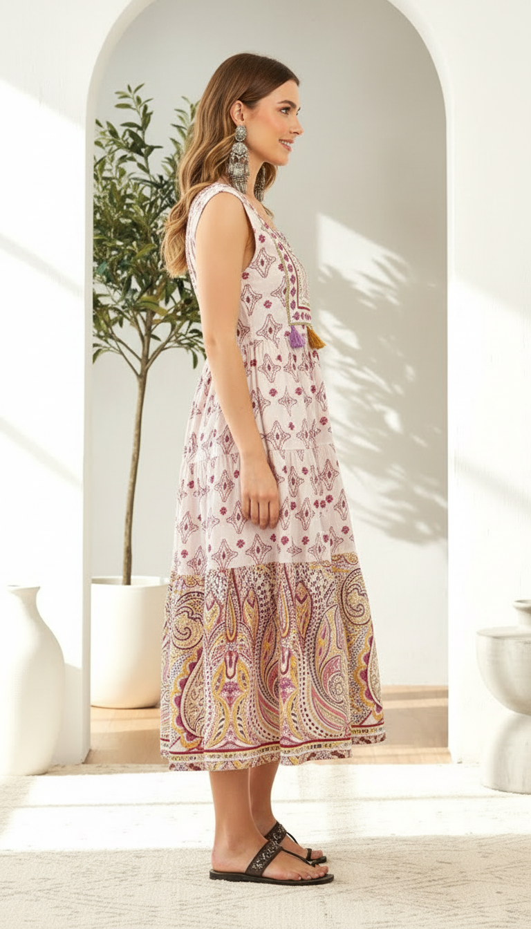 Sleeveless Cotton Mulmul Tiered Paisley Midi Dress