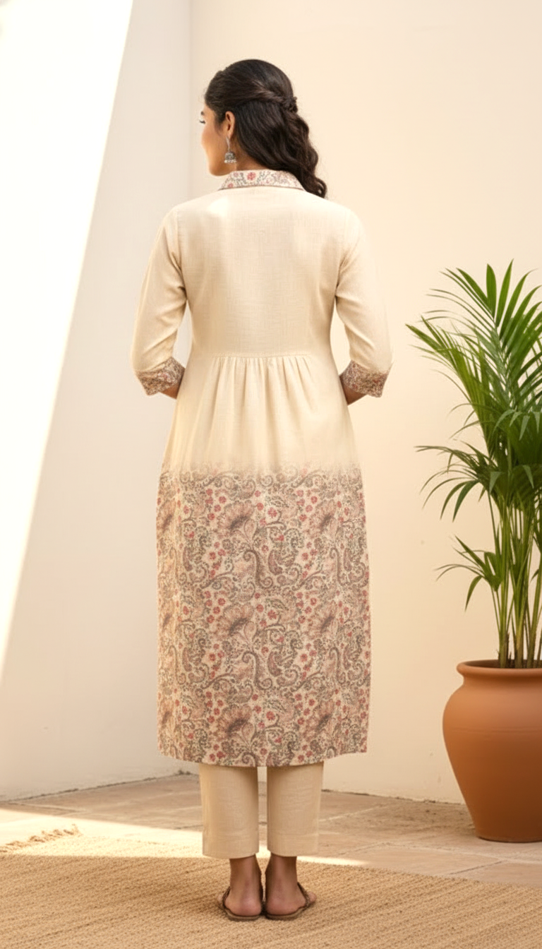 Beige Floral Print Kurta Set with Embroidered Yoke