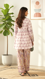 Daylist Mauve Muse Peplum Co-ord Set – Geometric Print Tunic with Paisley Motif Trousers