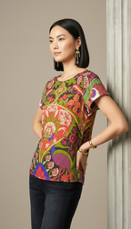 Vibrant Peacock & Floral Art-Print Silk-Blend Top