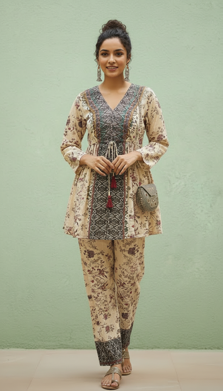 Beige Printed Ethnic Co-Ord Set for Women | V-Neck Kurti with Printed Pants