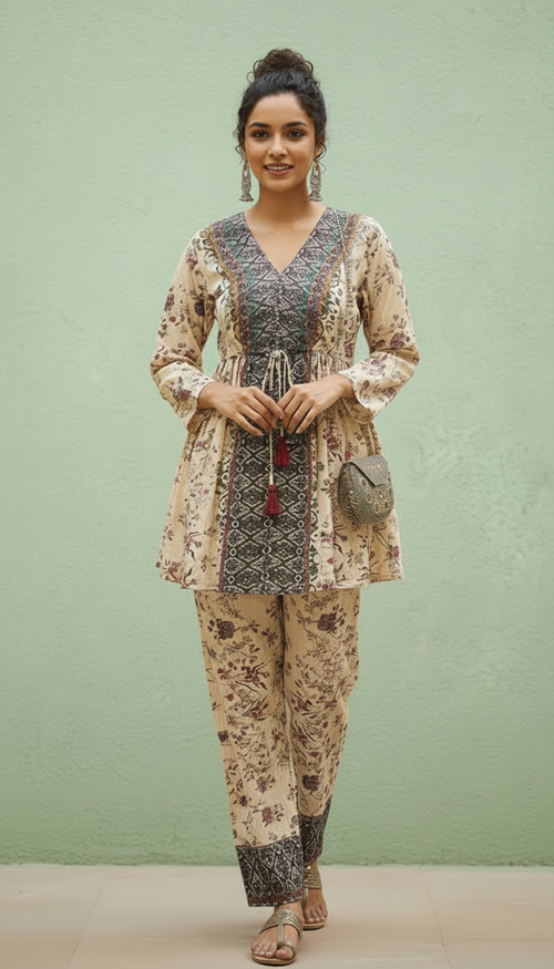 Beige Printed Ethnic Co-Ord Set for Women | V-Neck Kurti with Printed Pants
