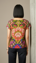 Vibrant Peacock & Floral Art-Print Silk-Blend Top
