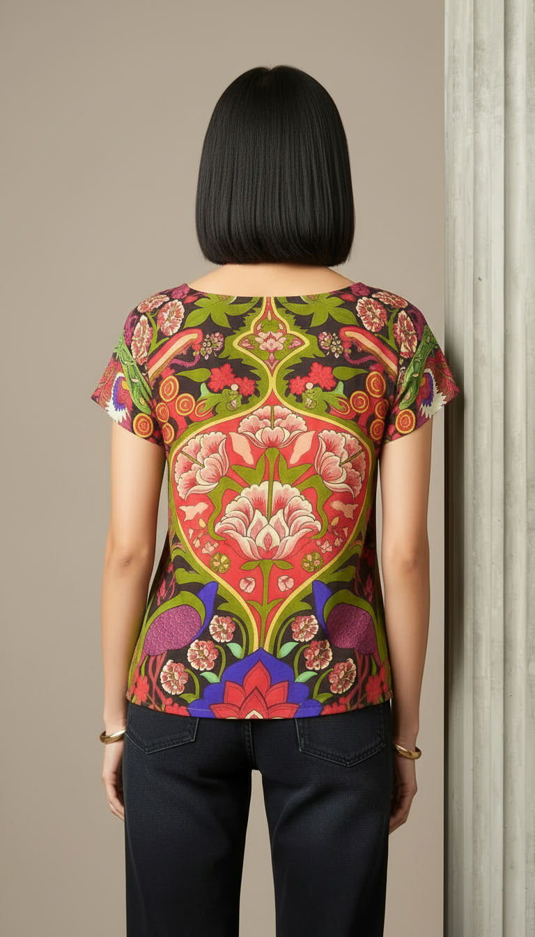 Vibrant Peacock & Floral Art-Print Silk-Blend Top