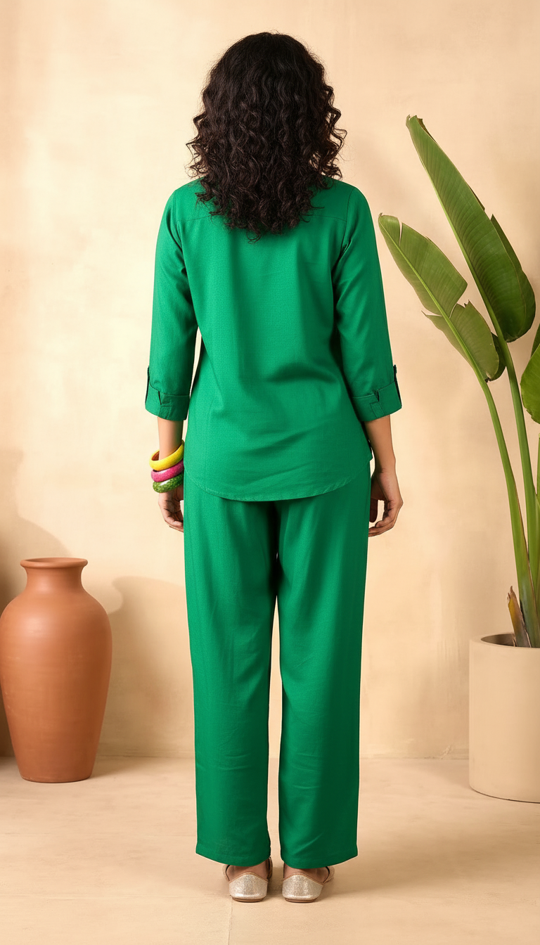 Daylist Emerald Green Embroidered Co-Ord Set – Premium Cotton Shirt & Palazzo 2-Piece Ensemble