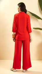 Daylist Radiant Red Embroidered Cotton-Blend Co-Ord Set – Shirt & Wide-Leg Palazzo Duo