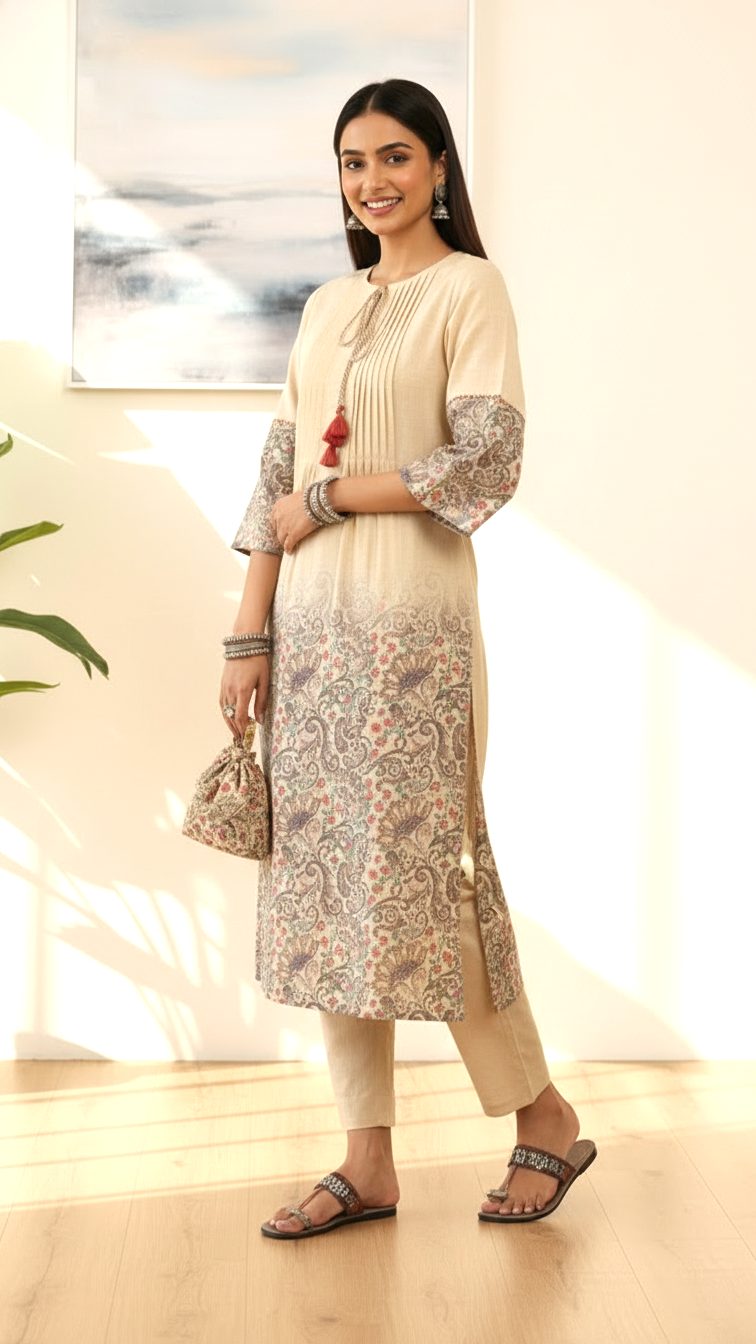 Beige Floral Printed Kurta Set with Tassel Detail & Potli Bag