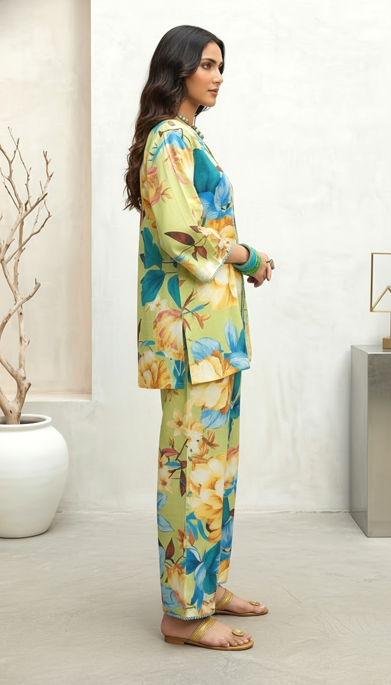 Daylist Lime & Azure Floral Print Co-Ord Set – 2 Piece Summer Tunic & Straight Pant Ensemble