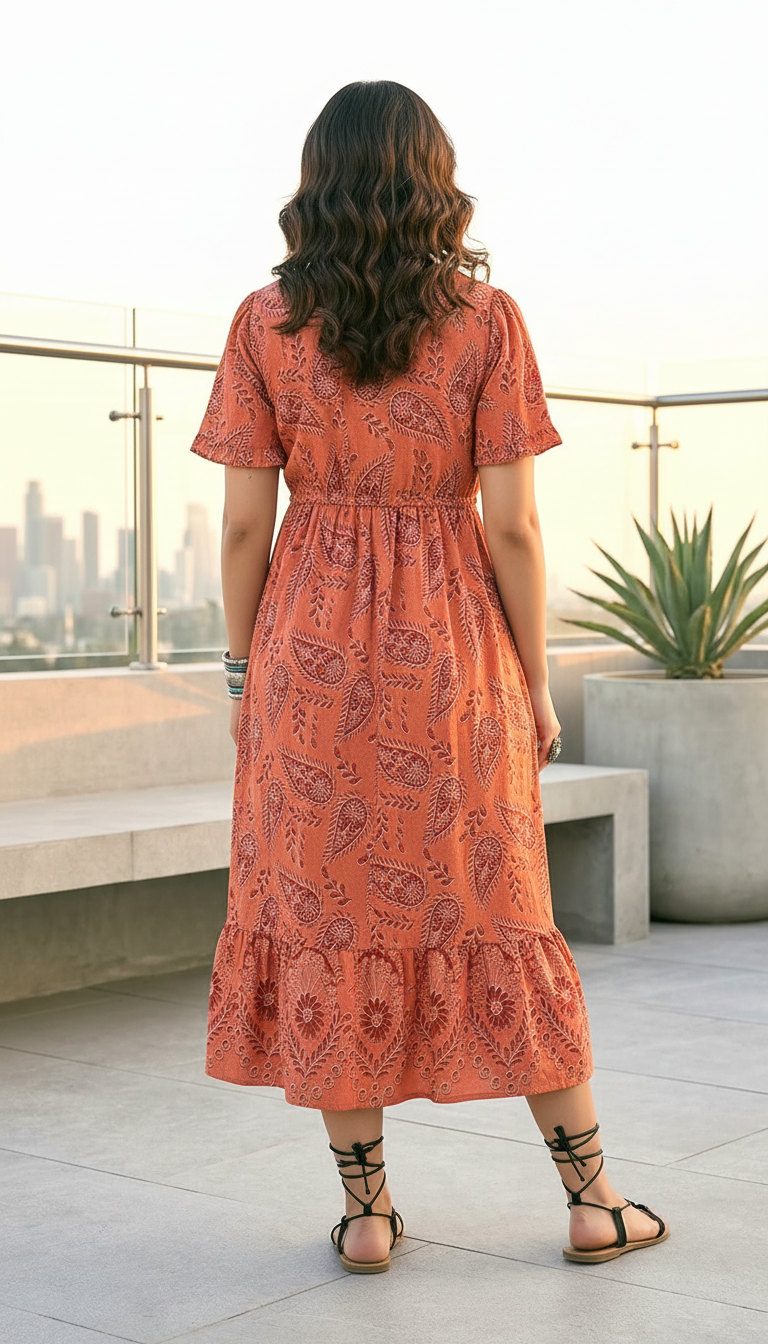 Rust Paisley Print V-Neck Midi Dress with Drawstring Waist Daylist.in