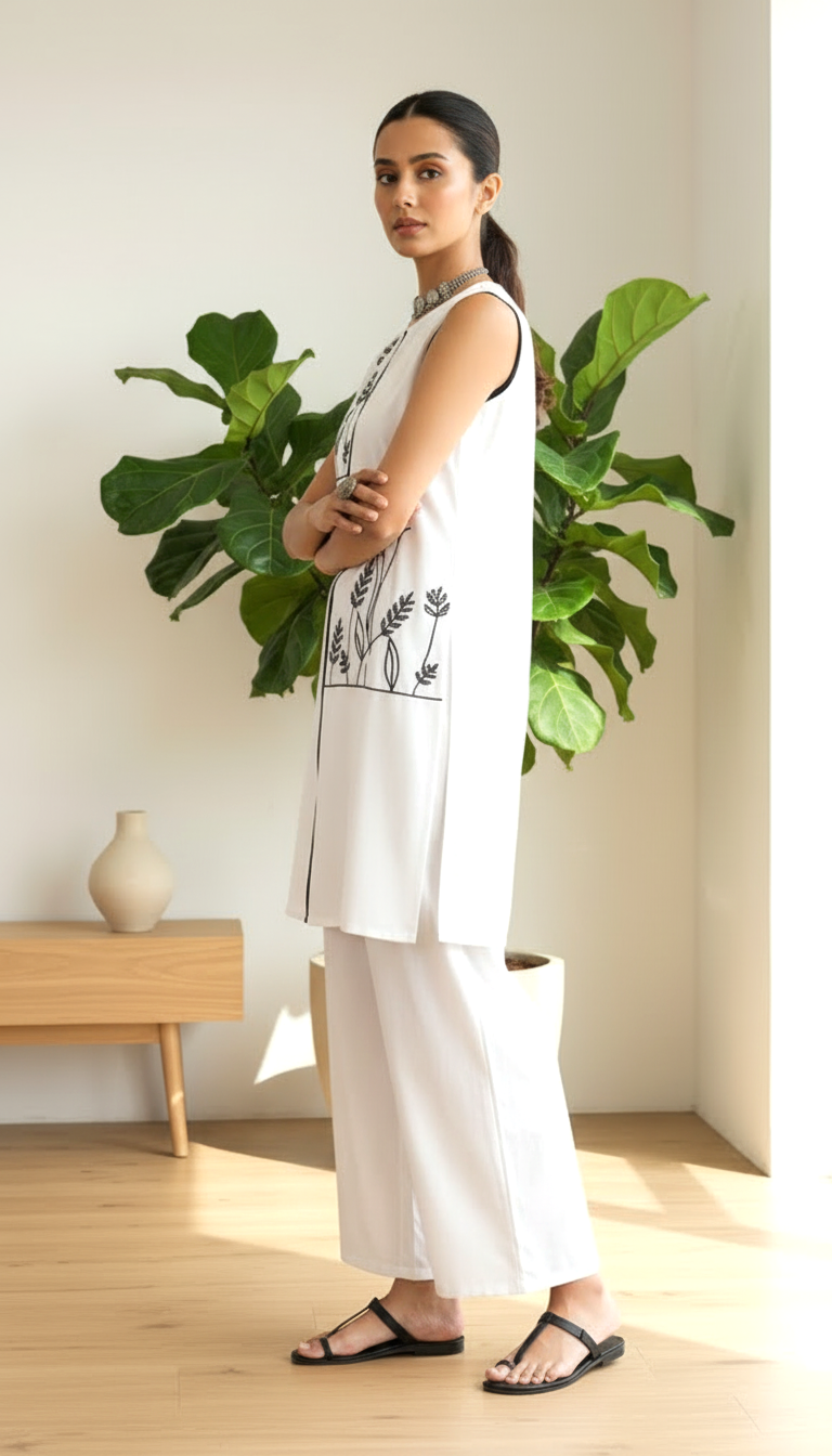 Daylist White Minimal Embroidered Kurta & Palazzo Set – Elegant Monochrome Co-ord