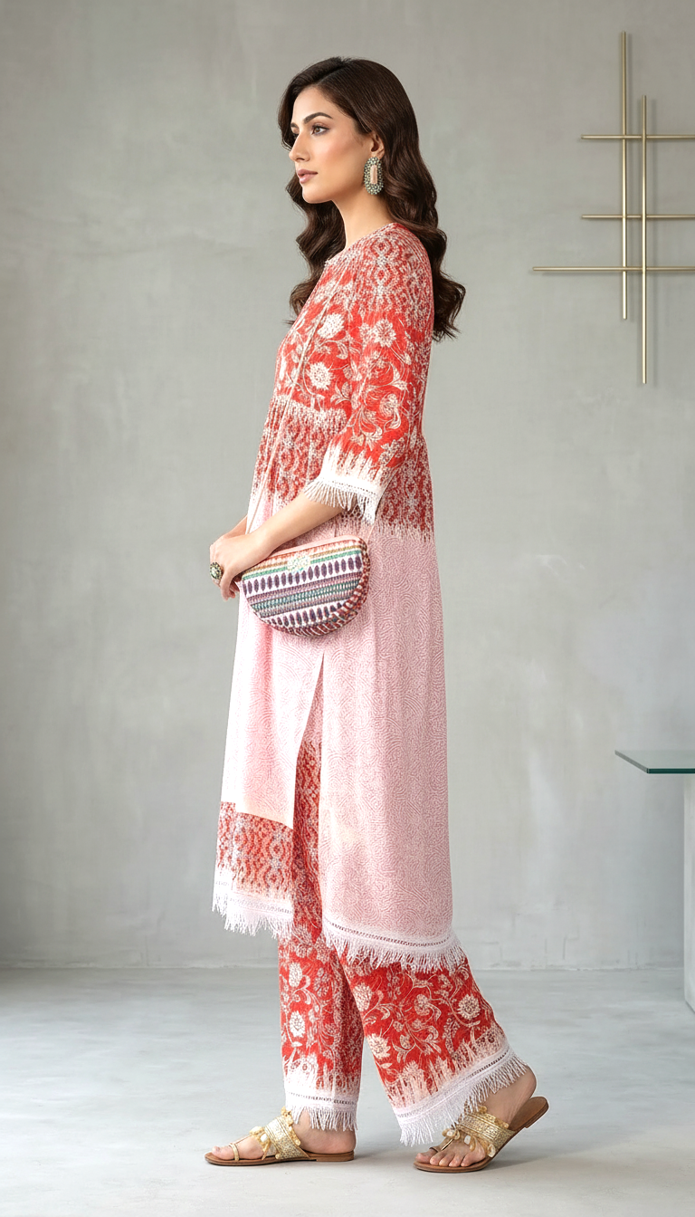 Vermillion & Blush Ombre Floral Kurta Set with Scalloped Fringe Detailing