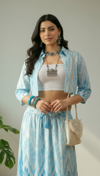 Sky Blue Ikat Print Cropped Shirt & Maxi Skirt Co-ord | Daylist.in