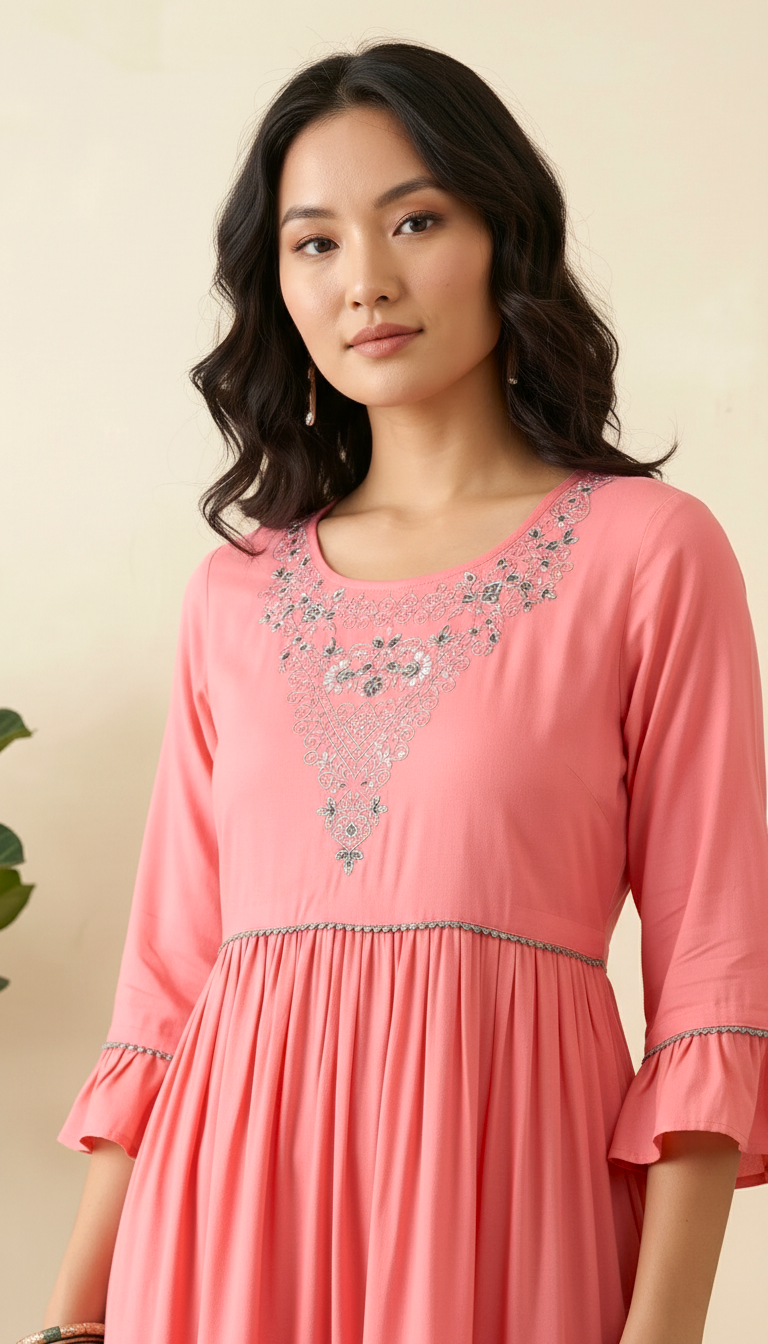 Coral Pink Embroidered Tiered Midi Dress for Women