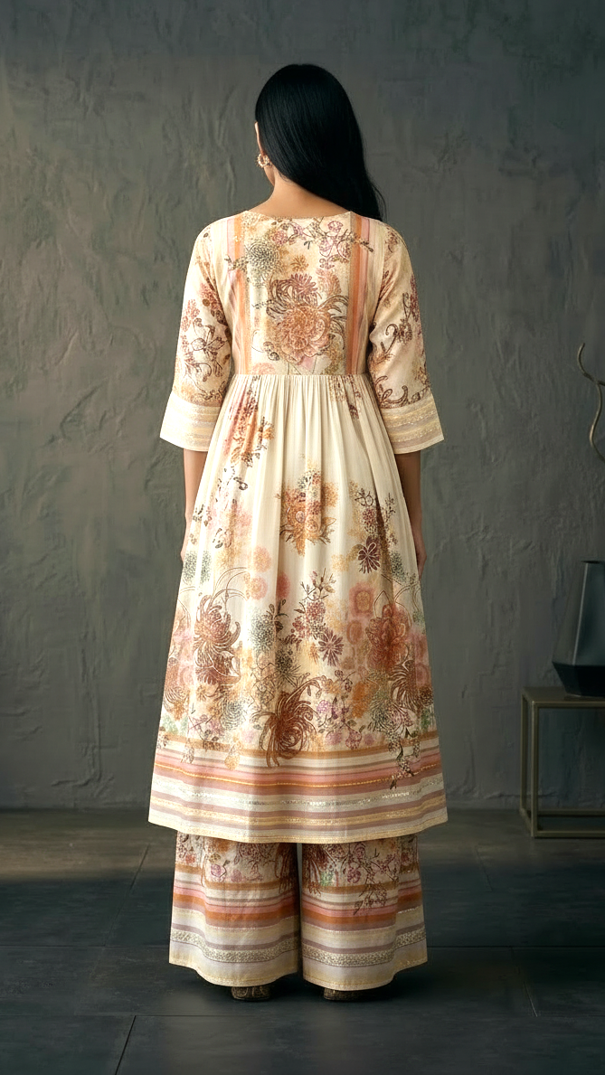 Cream Floral Printed Kurti Palazzo Set for Women | Elegant Ethnic Co-Ord Set | Daylist