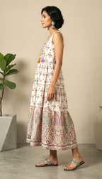 Ivory Paisley Sleeveless Tiered Midi Dress with Tassels | Daylist.in