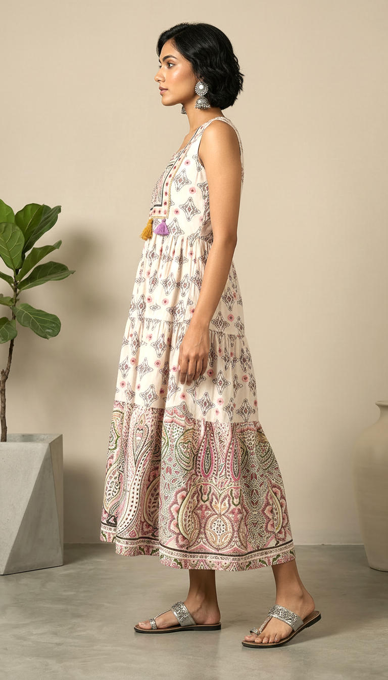 Ivory Paisley Sleeveless Tiered Midi Dress with Tassels | Daylist.in