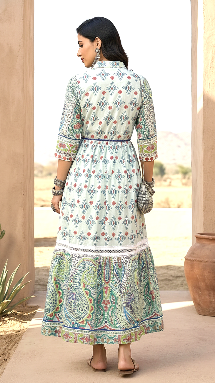 Seafoam Green Paisley Print Tiered Maxi Dress | Daylist.in