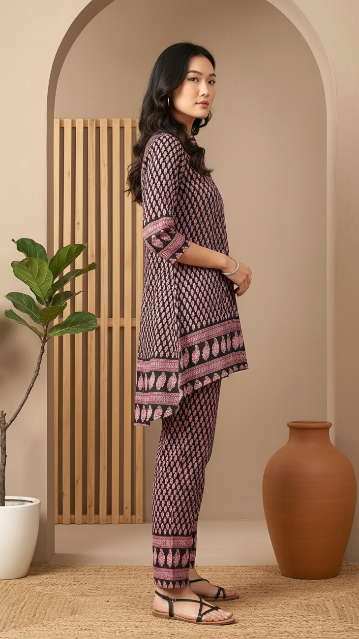 Daylist Printed Kurta & Pant Co-ord Set – Black & Rose Pink Ethnic Ensemble