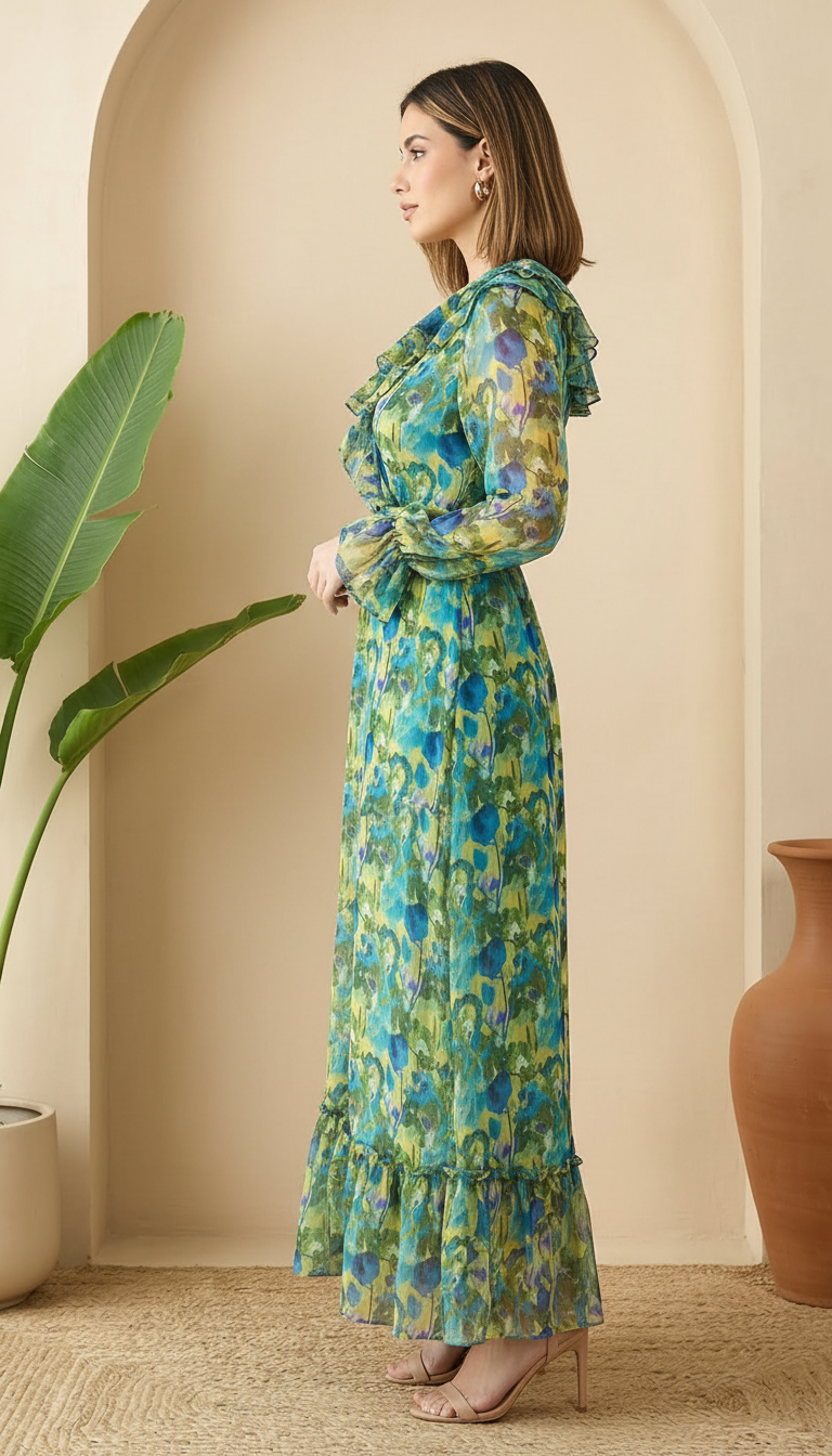 Bohemian Floral Ruffle Maxi Dress Online | Daylist.in