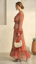 Rust Orange Printed Wrap Maxi Dress for Women | Ruffle Detail Dress | Daylist India