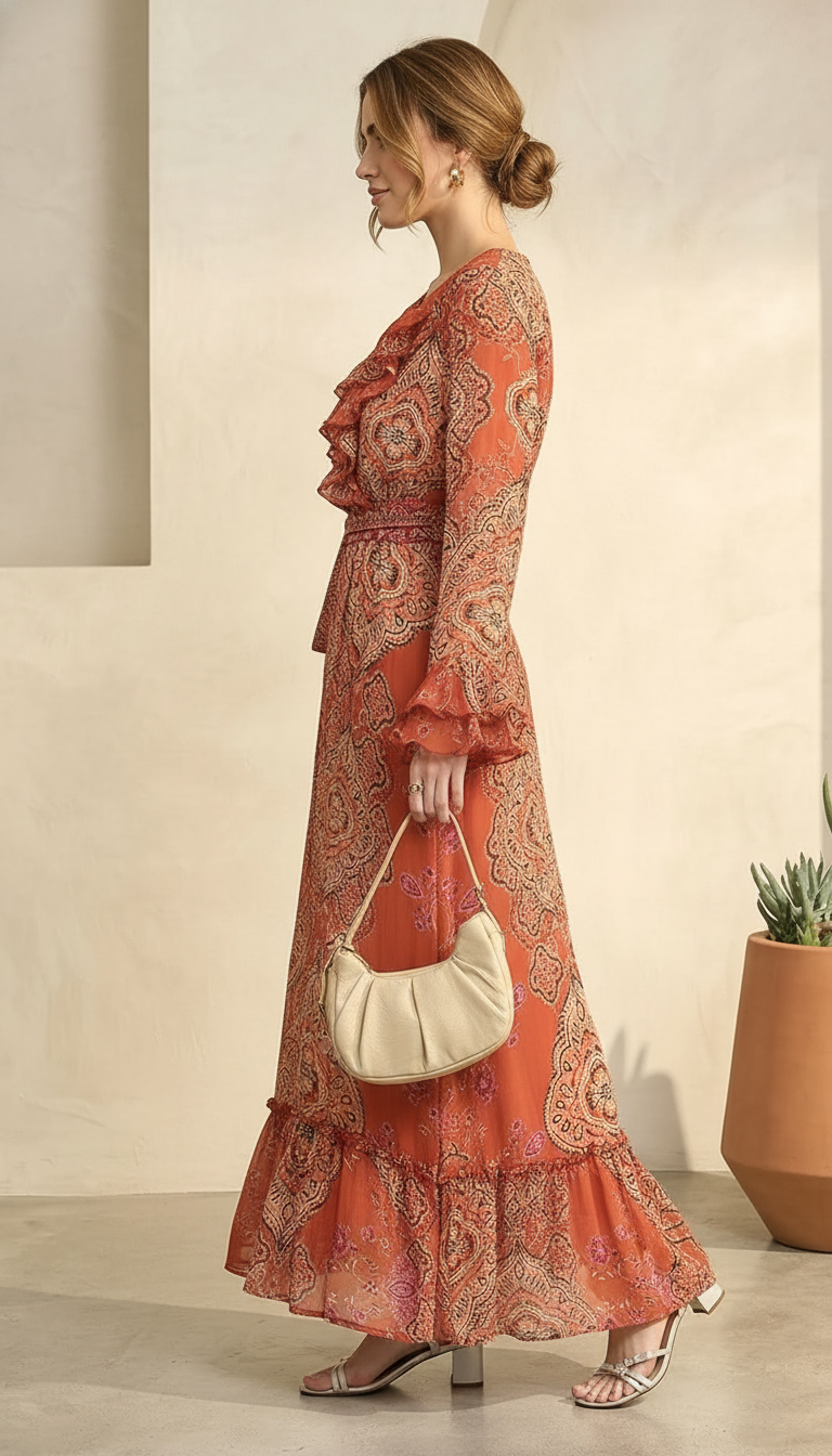 Rust Orange Printed Wrap Maxi Dress for Women | Ruffle Detail Dress | Daylist India