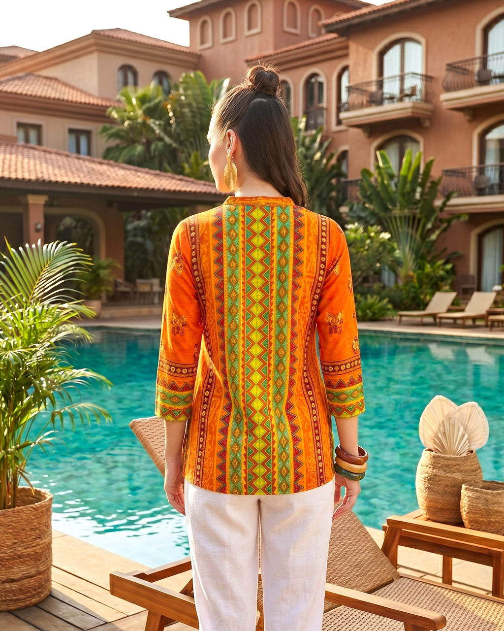 Mandarin Collar Ikat-Inspired Geometric Tunic in Sunset Orange