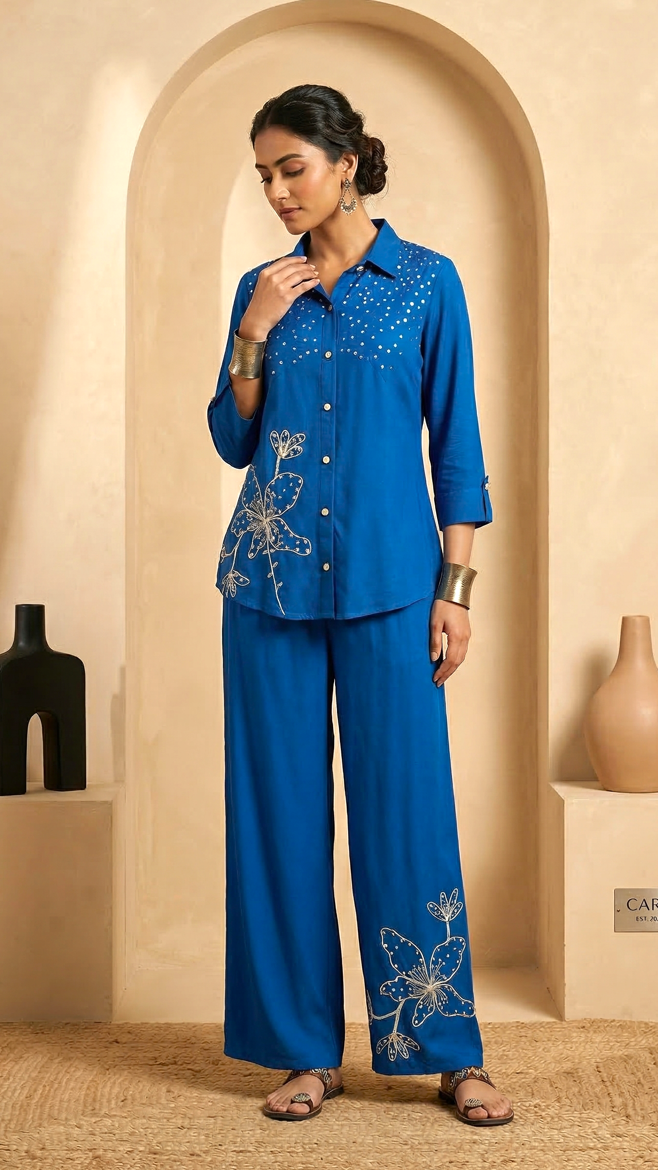 Daylist Blue Embroidered Cotton Shirt & Palazzo Co-Ord Set – 2 Piece Ethnic Lounge Wear
