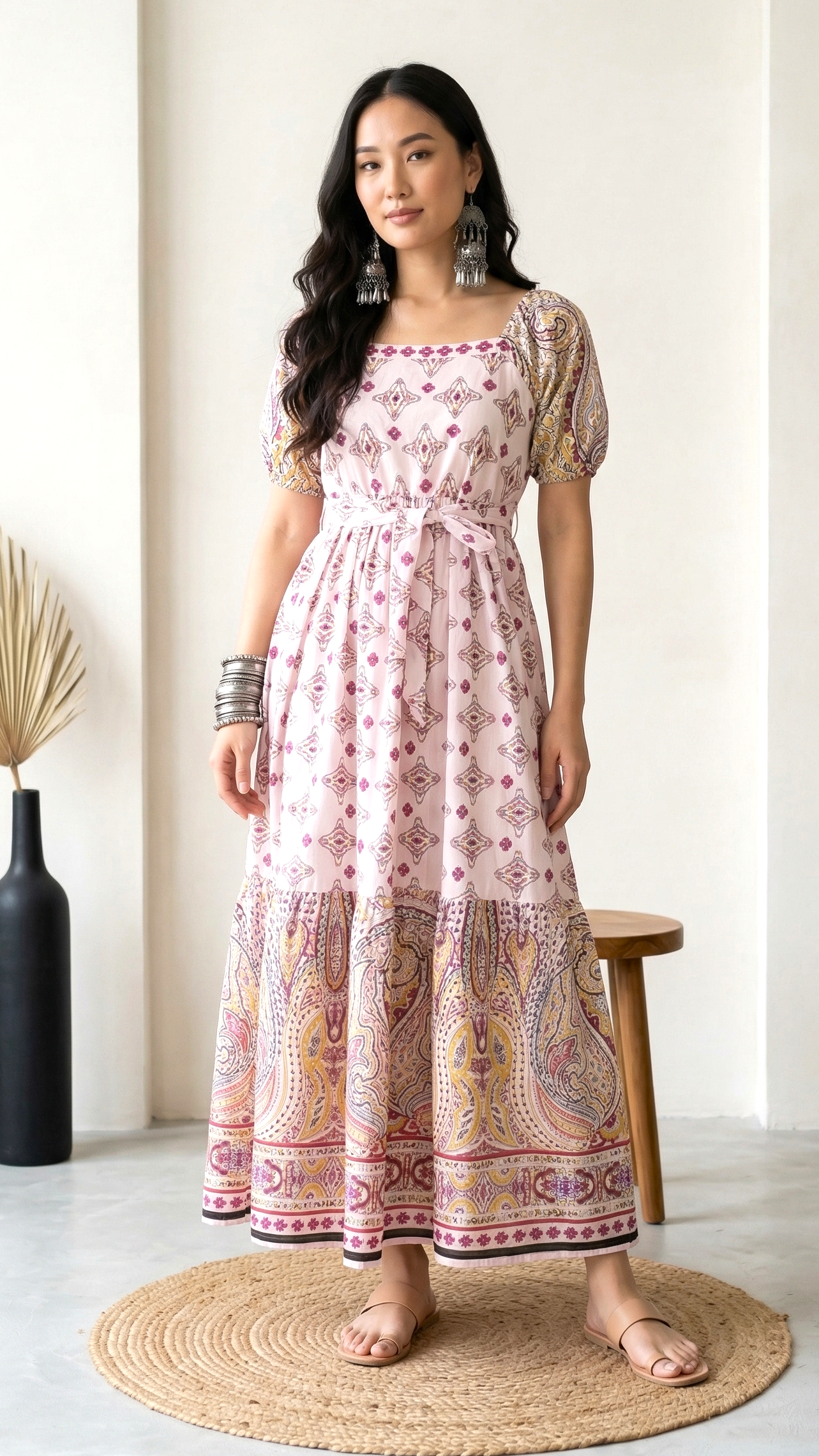 Blush Pink Printed A-Line Midi Dress with Ethnic Motifs for Women
