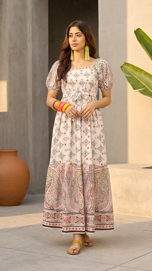 Beige Printed A-Line Maxi Dress with Paisley Border for Women