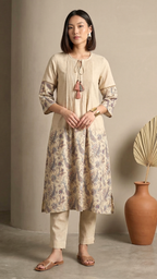 Beige Printed A-Line Kurta Set with Tassel Detail for Women