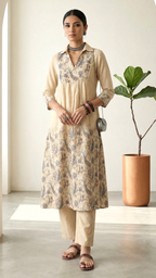 Beige Floral Embroidered Kurta Set with Shirt Collar