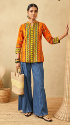 Mandarin Collar Ikat-Inspired Geometric Tunic in Sunset Orange