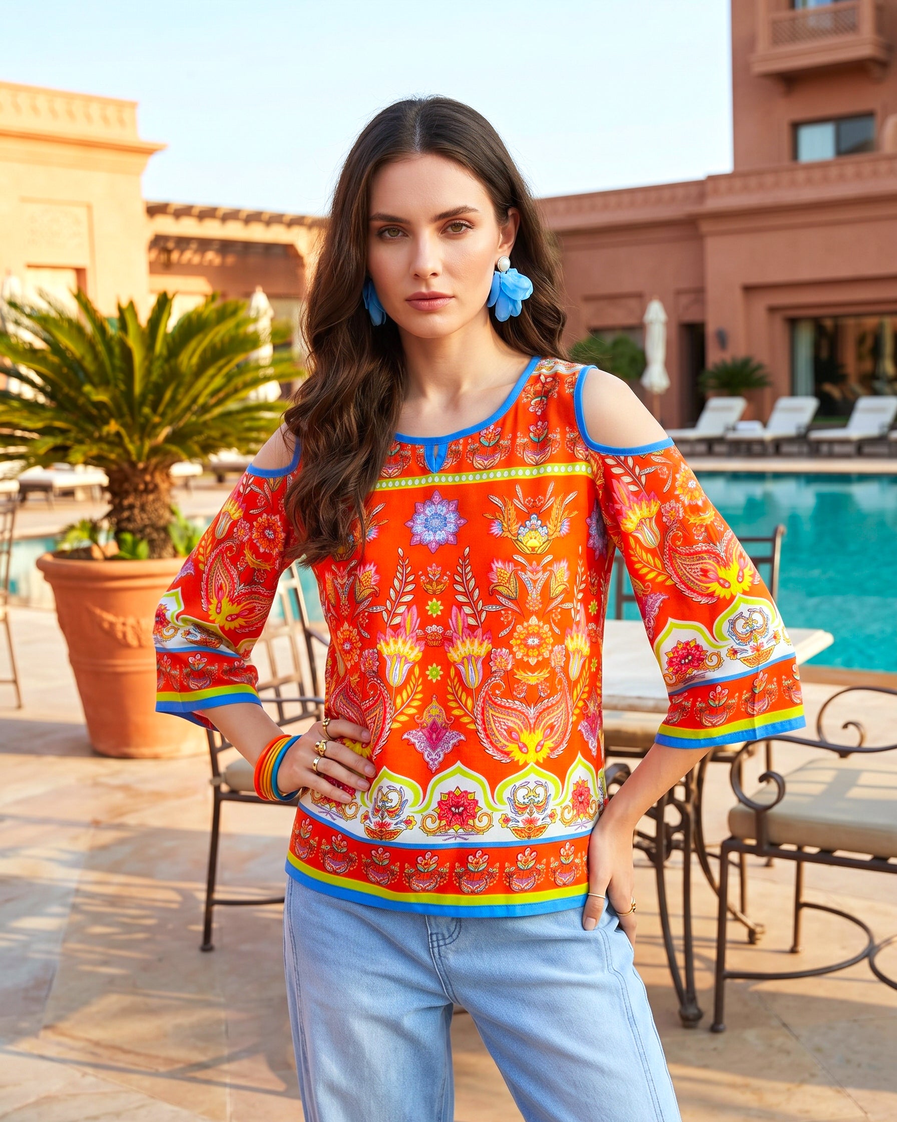 Boho-Chic Orange Paisley Cold-Shoulder Top with Contrast Piping