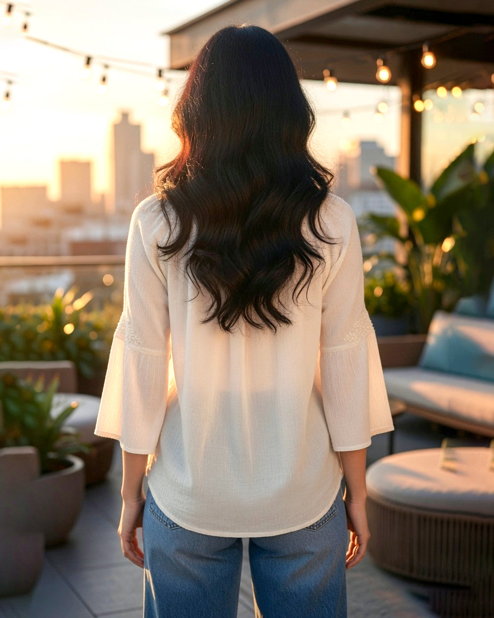 Daylist Ivory Embroidered Bell Sleeve Tunic Top