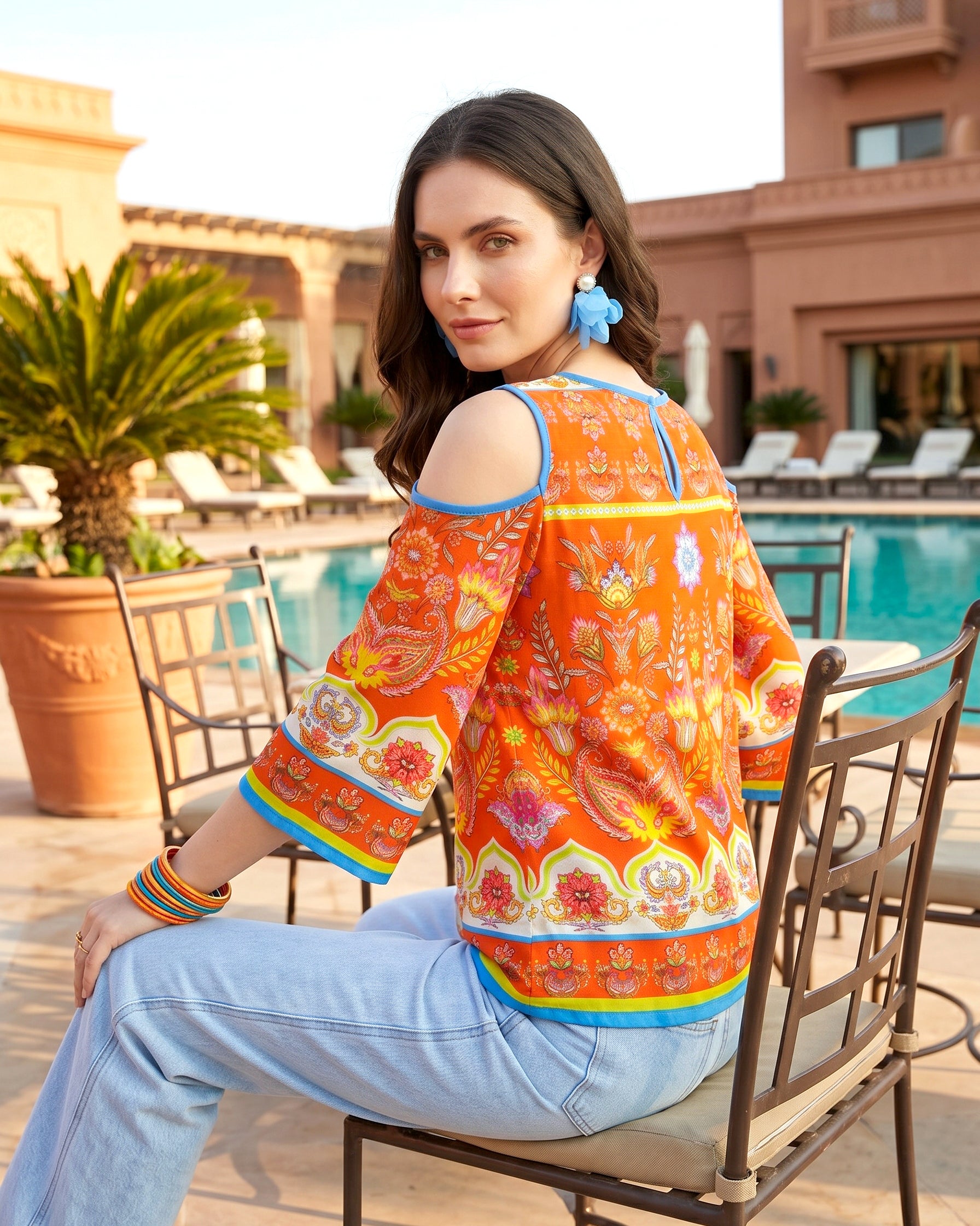 Boho-Chic Orange Paisley Cold-Shoulder Top with Contrast Piping