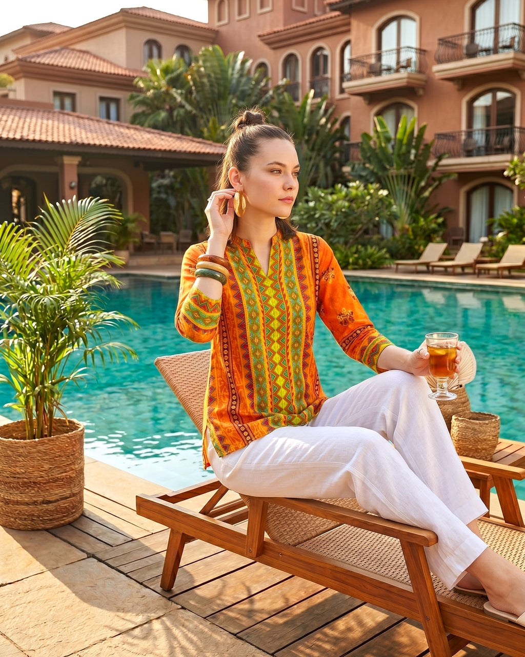 Mandarin Collar Ikat-Inspired Geometric Tunic in Sunset Orange
