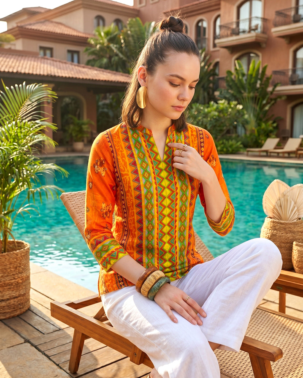 Mandarin Collar Ikat-Inspired Geometric Tunic in Sunset Orange