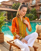 Mandarin Collar Ikat-Inspired Geometric Tunic in Sunset Orange